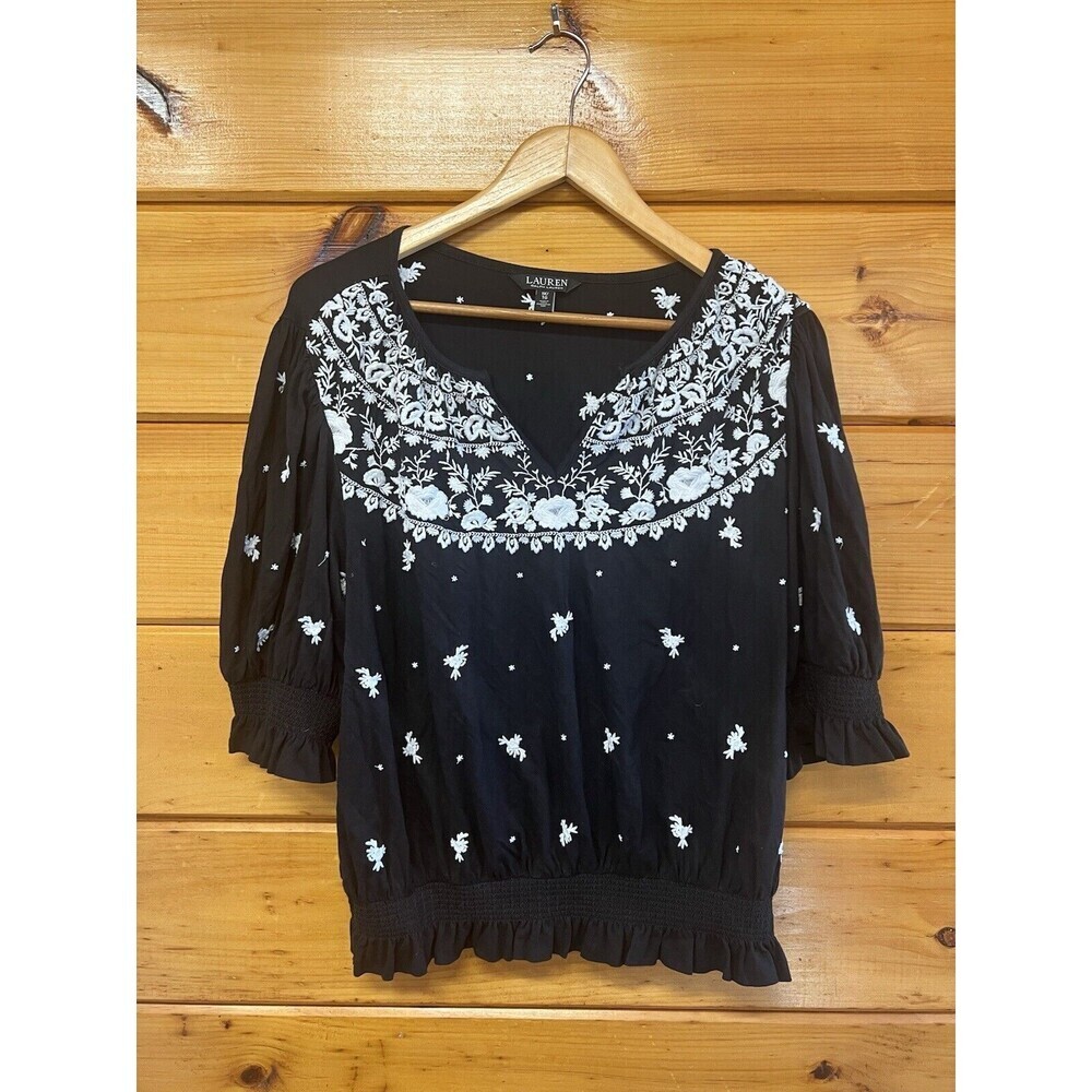 Lauren Ralph Lauren Embroidered Jersey Tie Neck Boho Top Black/White Size 1X - Picture 2 of 5